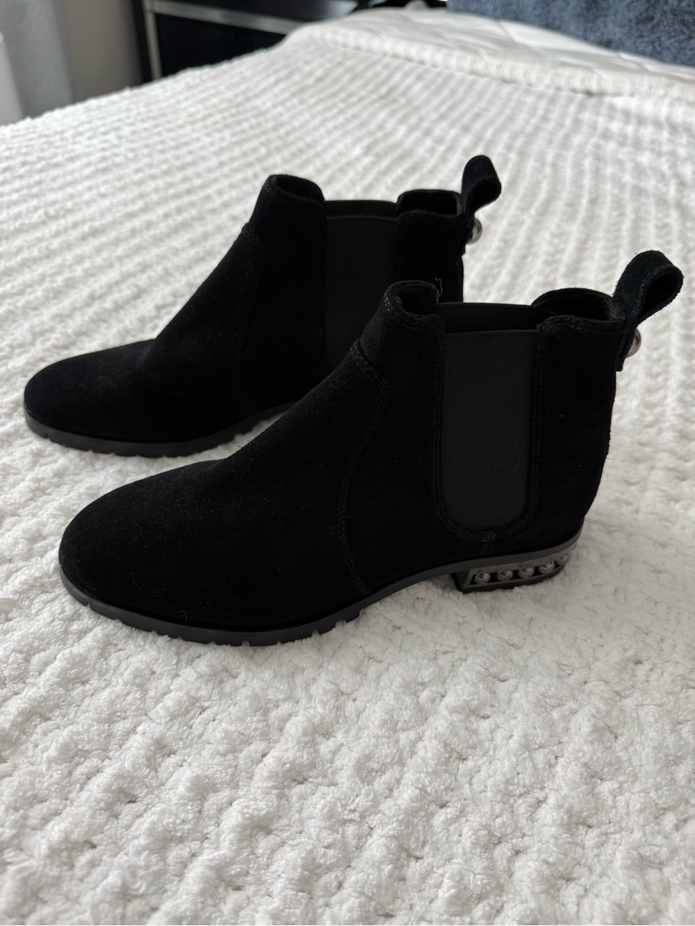Karl Lagerfeld Black Suede Chelsea Booties with Studded Heel